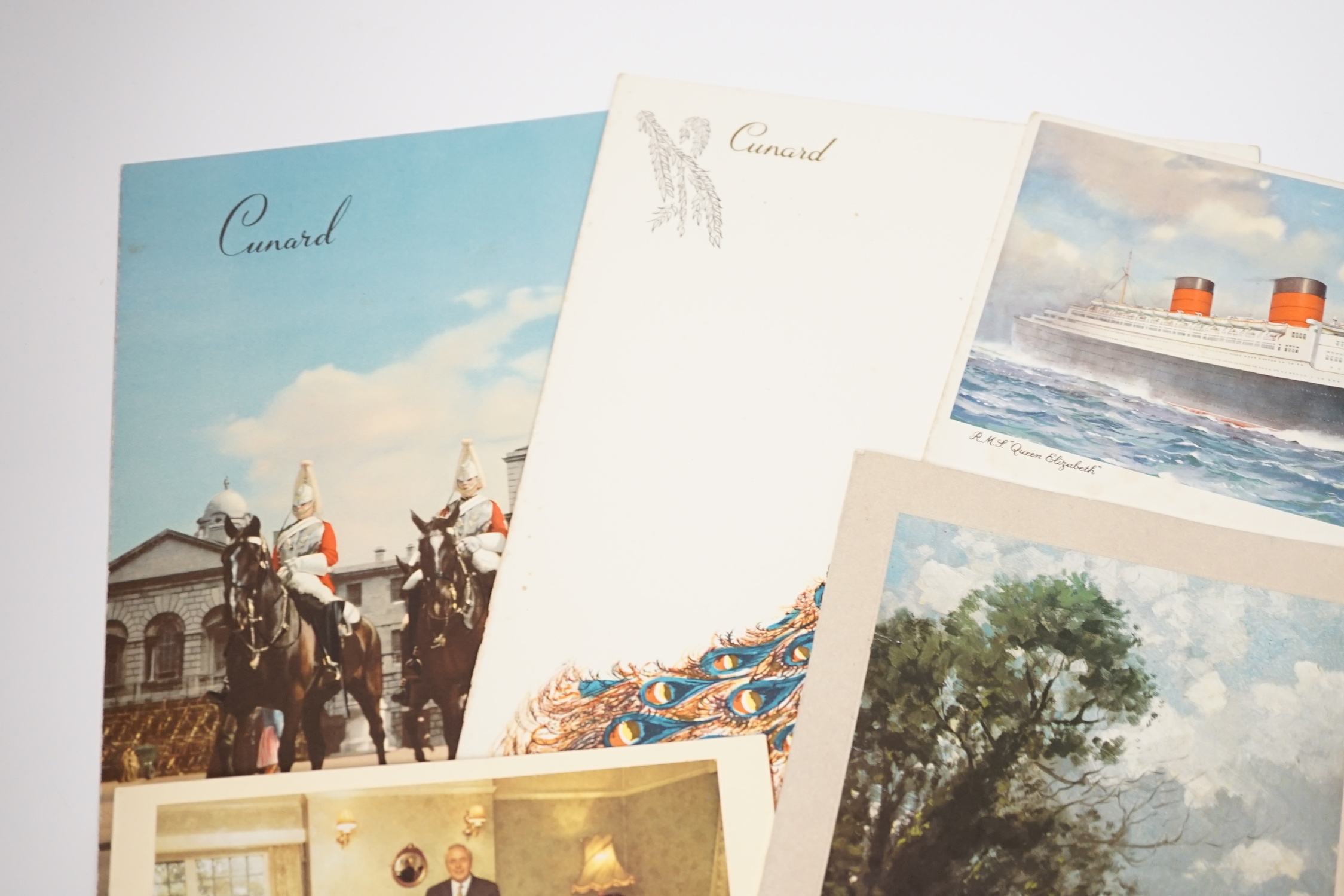 A signed Christmas card from Edward Heath during his time as Prime Minister sent from 10 Downing Street, a signed Christmas card from Mary and Howard Wilson (Grange farm, 1973), three Cunard RMS Queen Elizabeth dining me